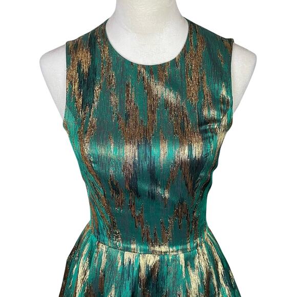Michael Kors Emerald Green & Metallic Gold Sleeveless Fit & Flare Cocktail Dress - Picture 6 of 11